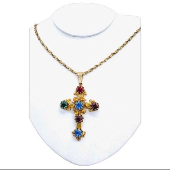 Miriam Haskell Vintage Jeweled Cross Pendant & Necklace - Picture 7 of 7